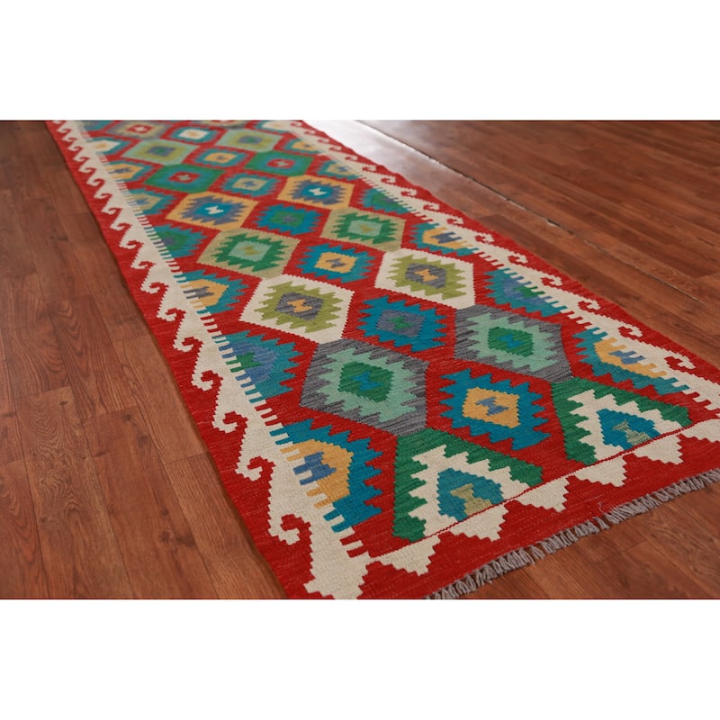 Hand Woven Oriental 100% Wool Carpet Southwestern All-Over Multi-Colored Kilim Runner Rug - 12' 10'' X 2' 9''
