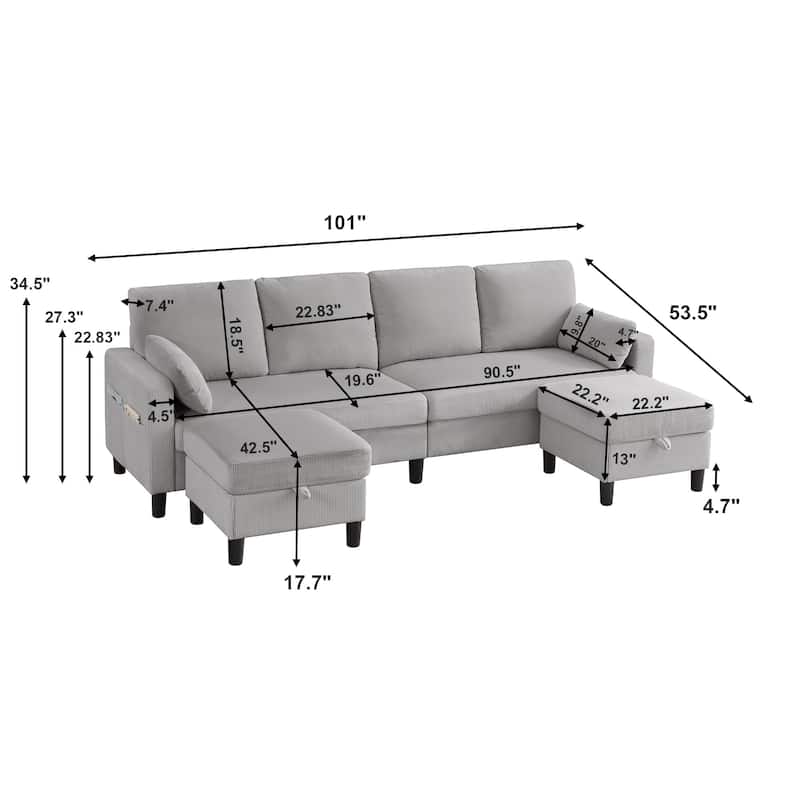 101'' Corduroy Upholstered Sectional Sofa With Storage Ottoman