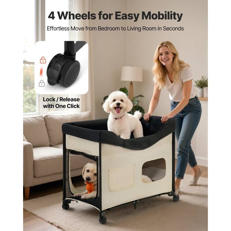 Beige Carbon Steel Dual-Level Pet Bed with Wheels and Foldable Design