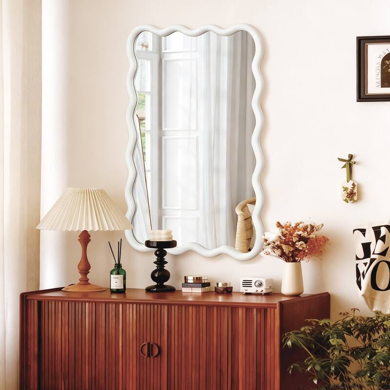 Wavy Rectangle Solid Wood Frame Decorative Mirror - White