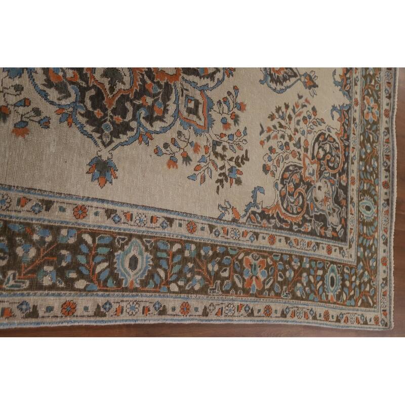 Hand Knotted Oriental 100% Wool Carpet Traditional Floral Beige & Ivories Tabriz Area Rug - 9' 8'' X 6' 5''