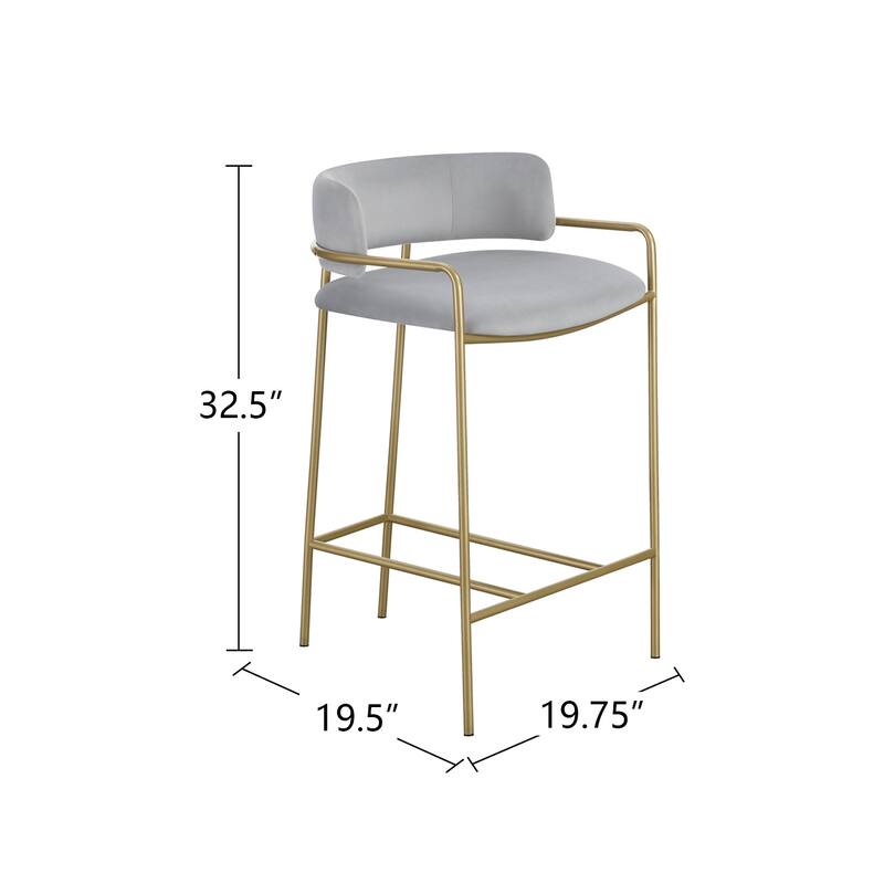 Upholstered Low Back Counter Height Stool in Grey and Brass