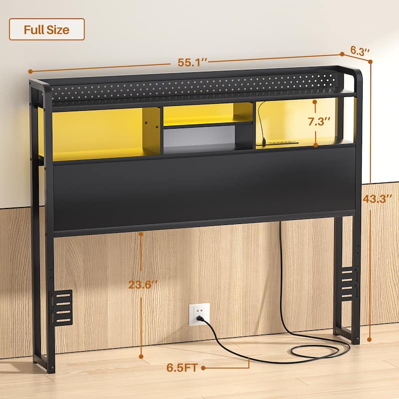 Bed Headboard with Storage Shelf and Charge Station, Height Adjustable Headboard with LED Light