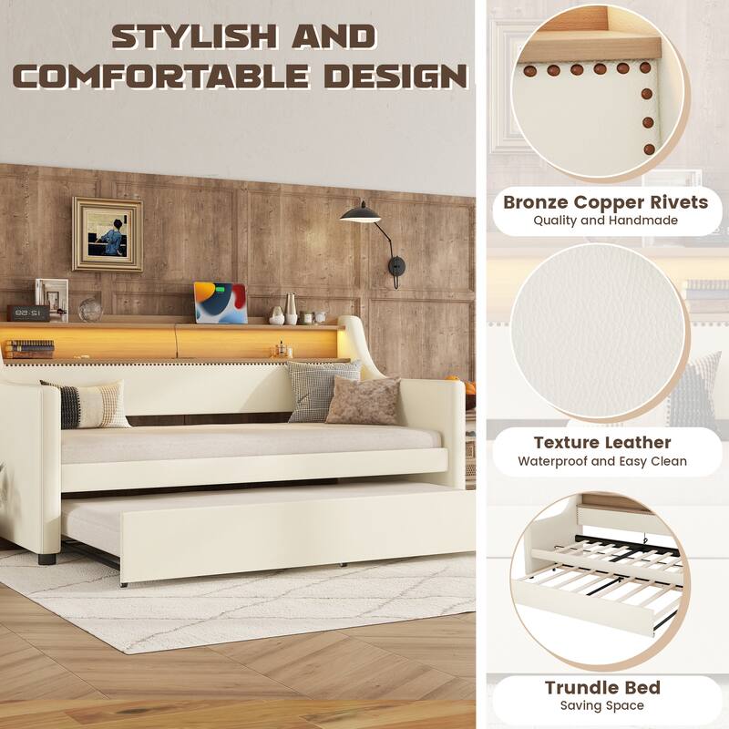 Twin Size Upholstered Daybed with Trundle, Charging Station, and LED Lights in White