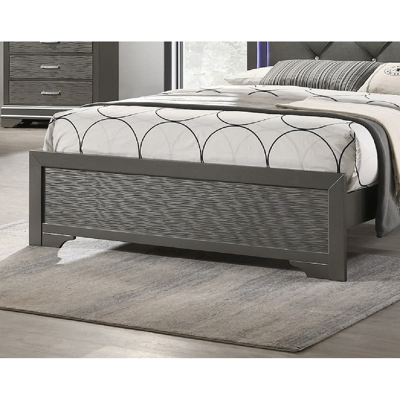 Queen Size Dark Gray Faux Leather Tufted LED Headboard Bed with Unique Textured Footboard