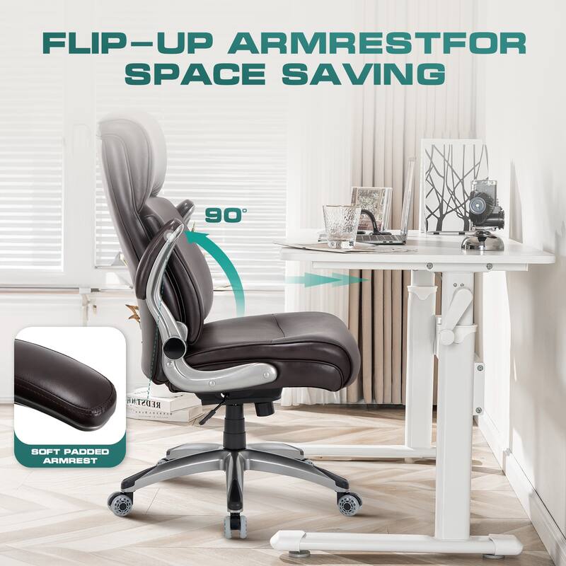 Big & Tall Office Chair 300lbs - Ergonomic High Back with Lumbar Support, Flip-Up Arms & Leather Cushion