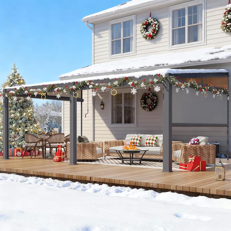 Erommy Wall-Mounted Pergola with Louvered Roof & Pull-Down Screen, Aluminum Awning for Patio or Deck - 12'x20'