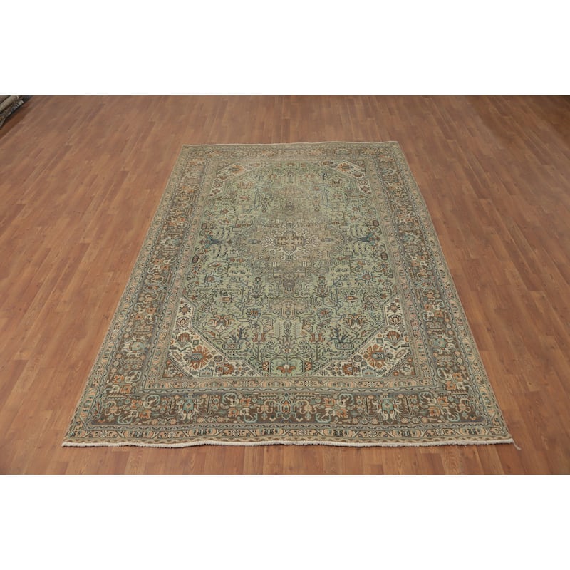 Hand Knotted Oriental 100% Wool Carpet Traditional Floral Green Tabriz Area Rug - 9' 5'' X 6' 5''