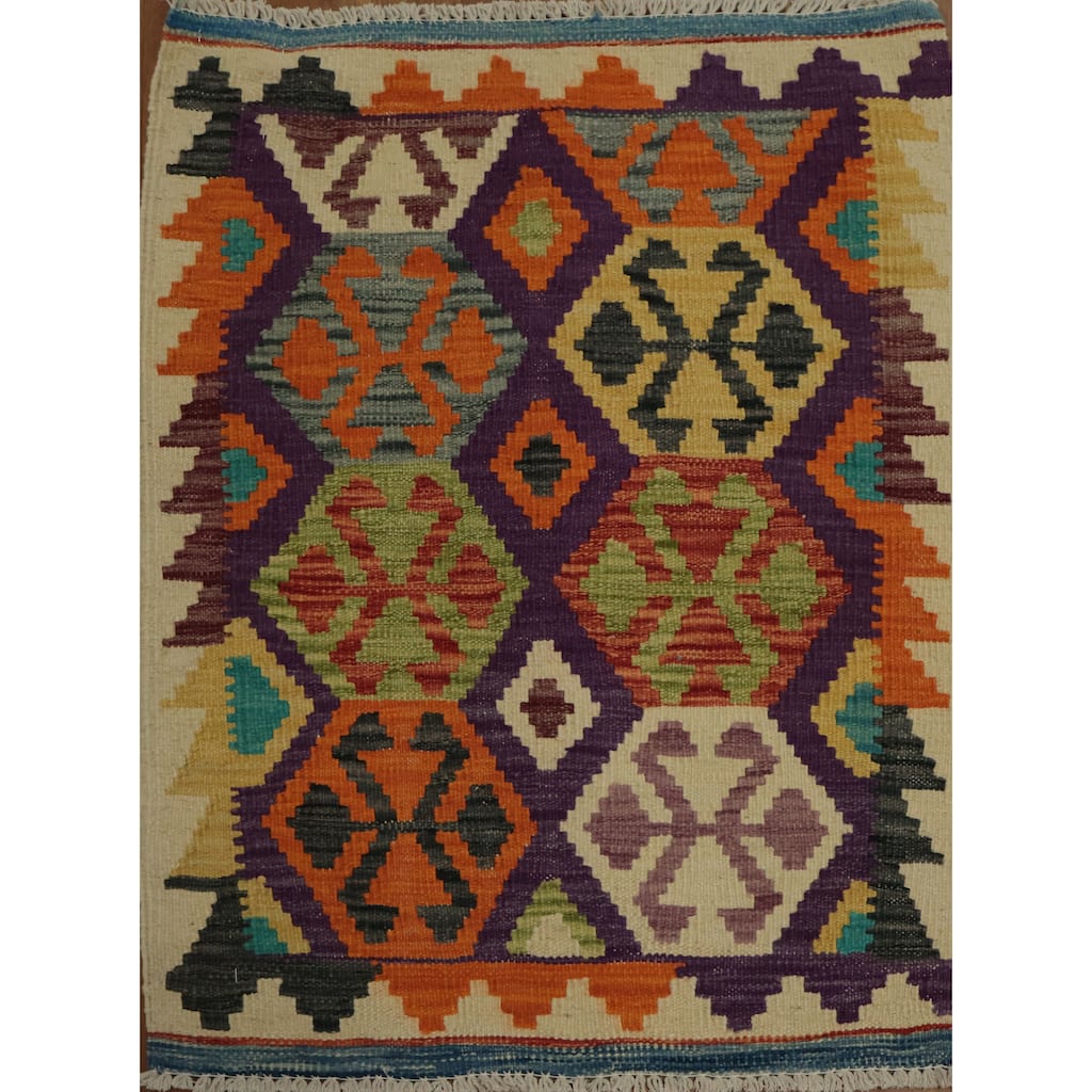Hand Woven Oriental 100% Wool Carpet Southwestern Geometric Multi-Colored Kilim Area Rug - 2' 10'' X 2' 1''