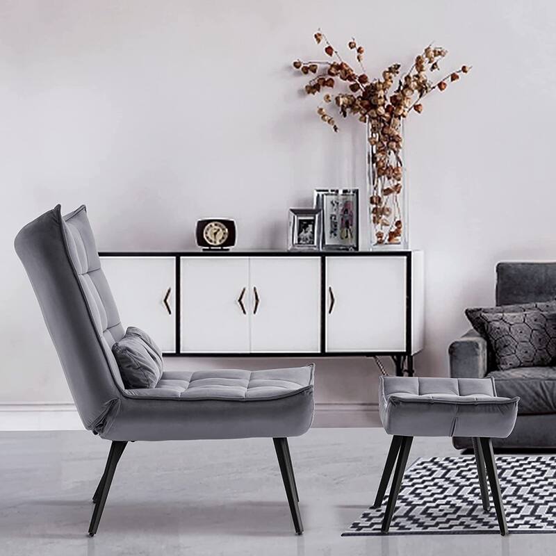 Mcombo Accent Chair with Ottoman, Velvet Tufted Wingback Chair, Upholstered Chairs with Metal Legs for Bedroom Living Room 4079