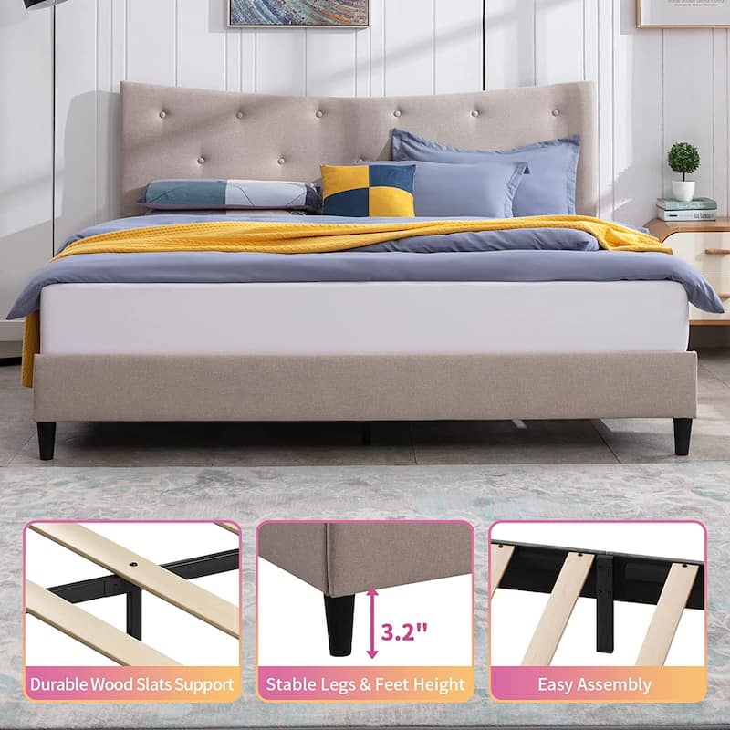 Mixoy Upholstered Linen Platform Bed Frame with Curved Headboard,Wood