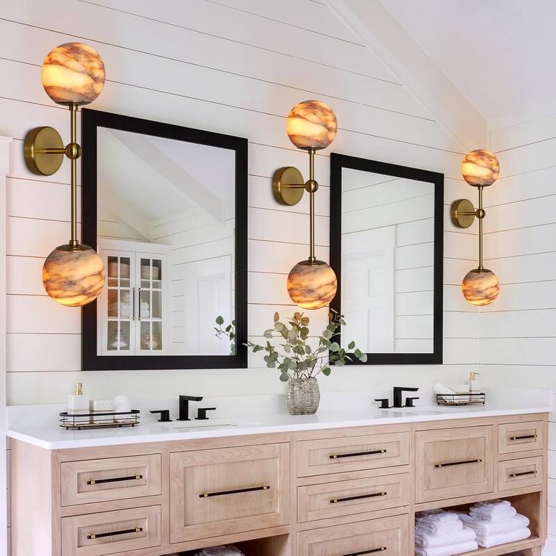 KAYLA Anjely Modern 25" Alabaster Wall Sconce, 1-Light Dimmable Wall Light with Brass Base, G9 LED Bulbs Included