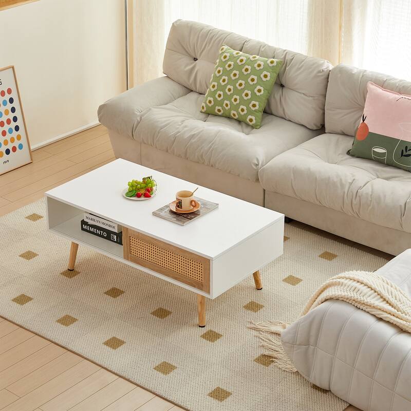 Rattan Coffee table, sliding door for storage