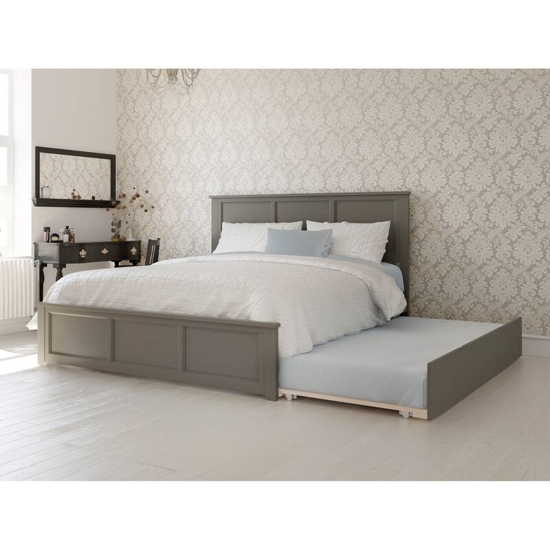 Solid Wood Platform Bed King Size with Footboard & Trundle - Grey Finish