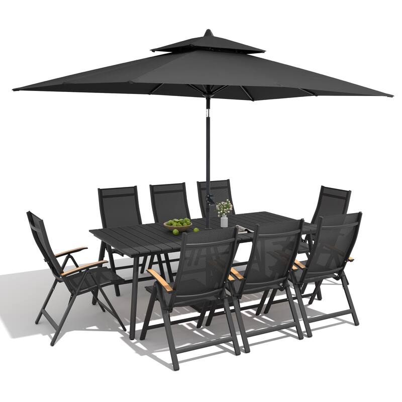 9/11-Piece Outdoor Aluminum Patio Dining Set w/10 ft Umbrella and Base, Rectangle Table and Folding Chairs