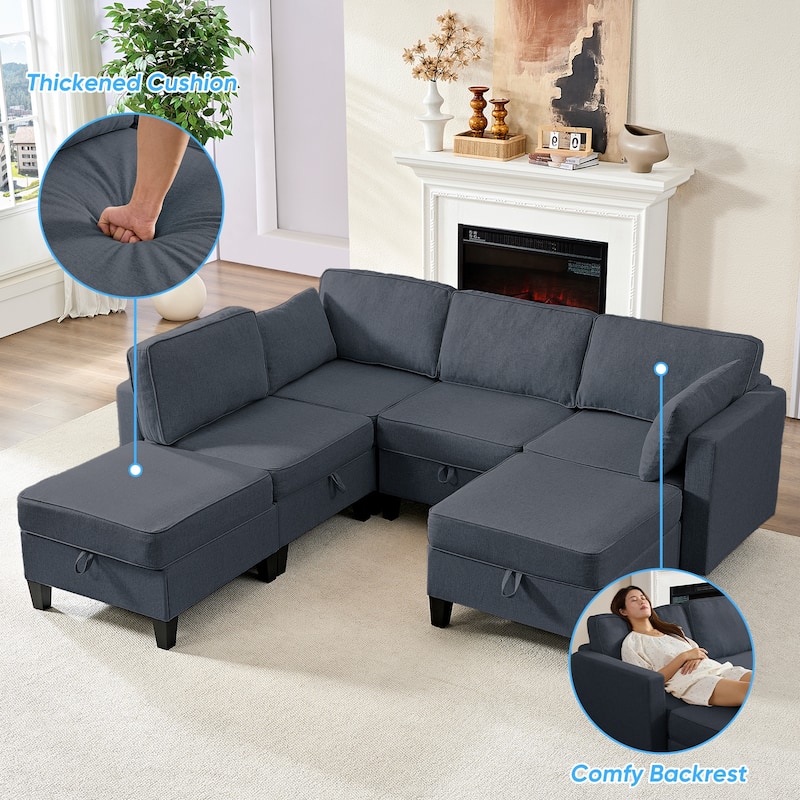 Mixoy Flexible Combination Reversible 4-Seater Modular Sofa with Ottomans,Linen Convertible Sleeper Sofa Bed with Storage Space