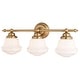 preview thumbnail 8 of 11, Huntley Natural Brass Gold Bathroom Vanity Lighting Fixture, White Schoolhouse Milk Glass Globe Shade, Dimmable, LED Compatible