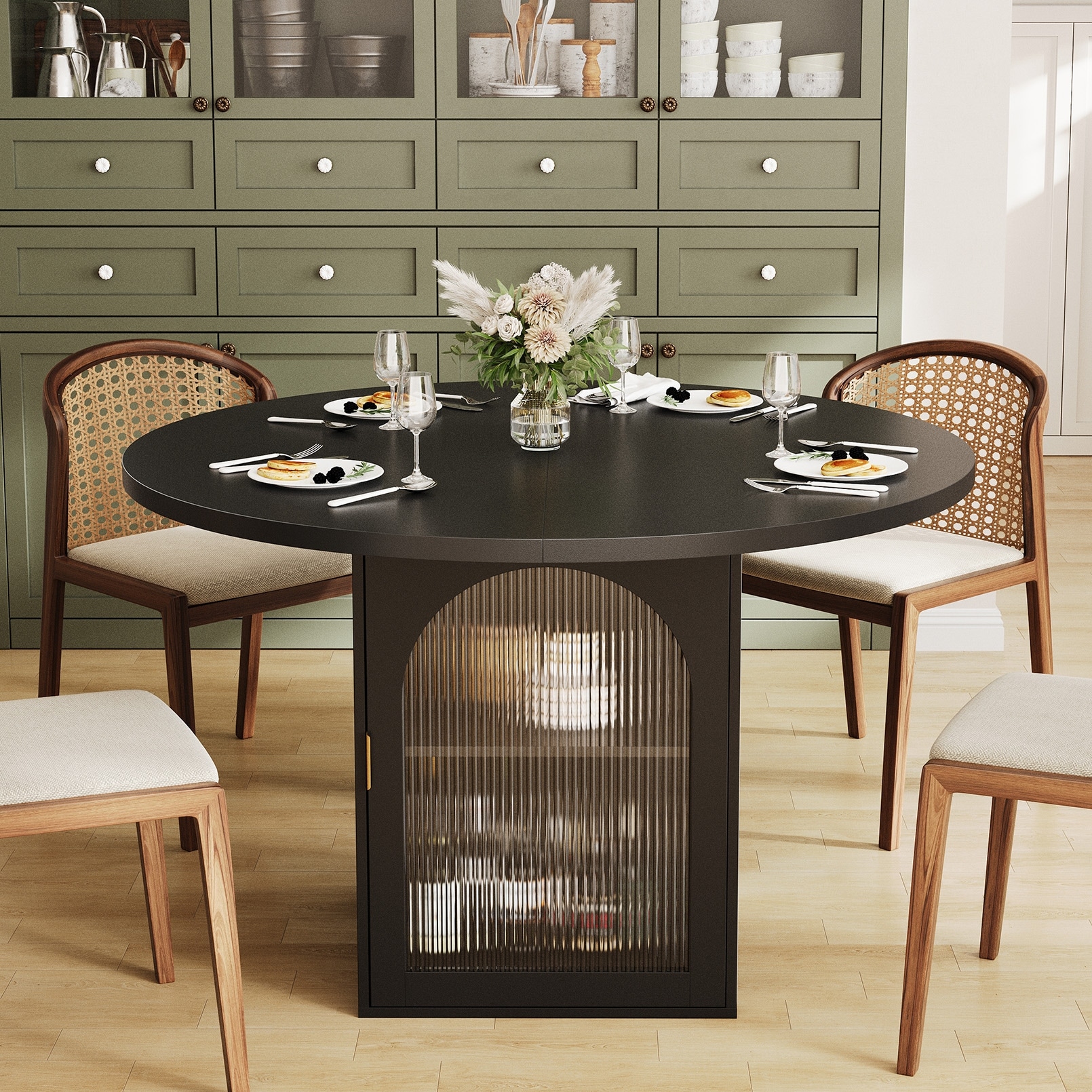 Rossetta Round Classic Color Finish Dining Table with Ribbed Glass Door and Storage Area