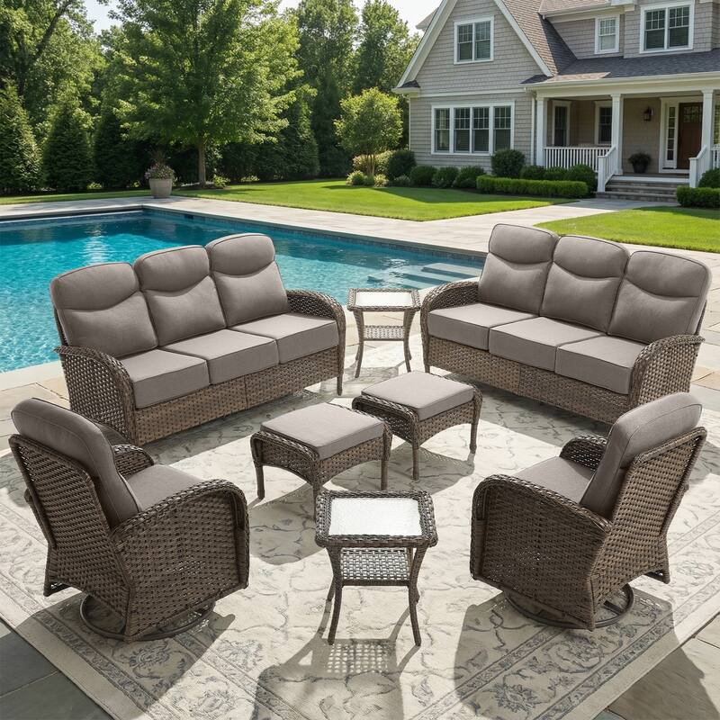 Pocassy Outdoor 8-Piece Sofa Swivel Chair Table with Ottoman - Brown Wicker Gray Cushion - 8-Piece Sofa Swivel Chair Table with Ottoman