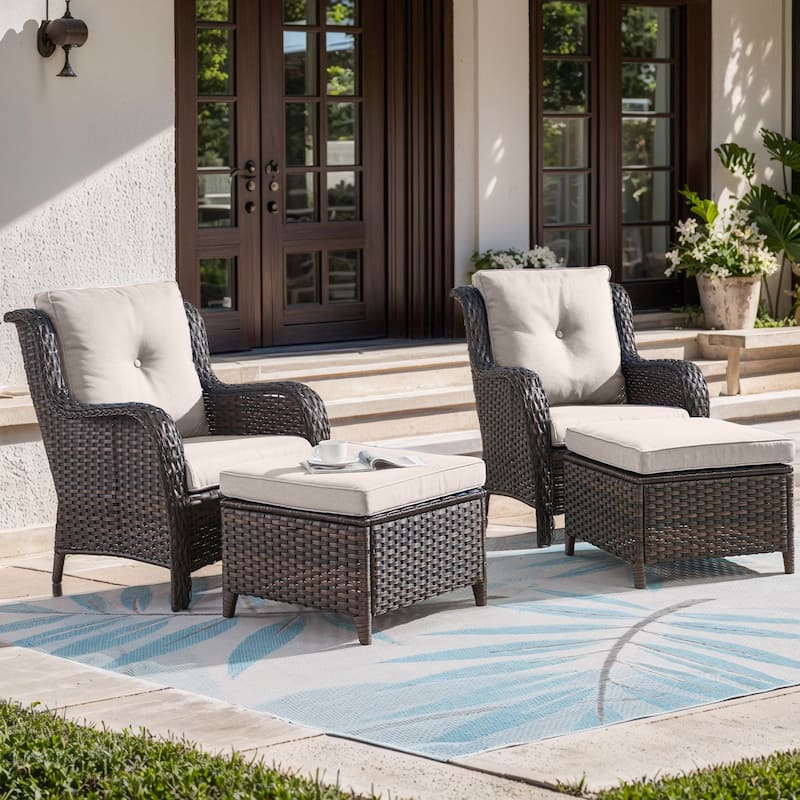 Pocassy Outdoor Patio Chairs Ottoman Table with 4 Inch Cushion - 4 Pieces Patio Chair w/ Ottoman - Brown Rattan Beige Cushion