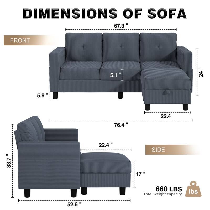 76'' Modern L-Shaped Sofa Couch with Movable Ottoman & Storage