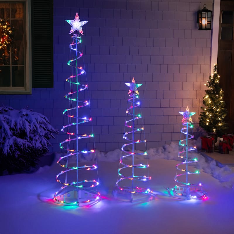 Set of 3 LED Lighted Multi-Color Outdoor Spiral Christmas Cone Trees 3' 4' and 6'
