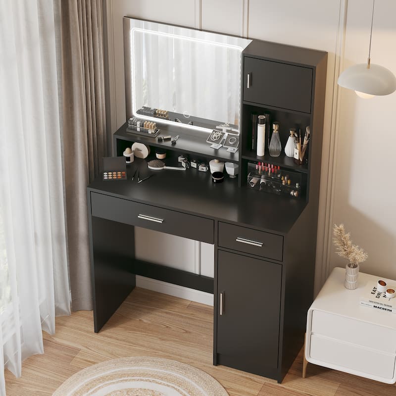 Modern Vanity Desk with Mirror, LED Light Strip and Storage