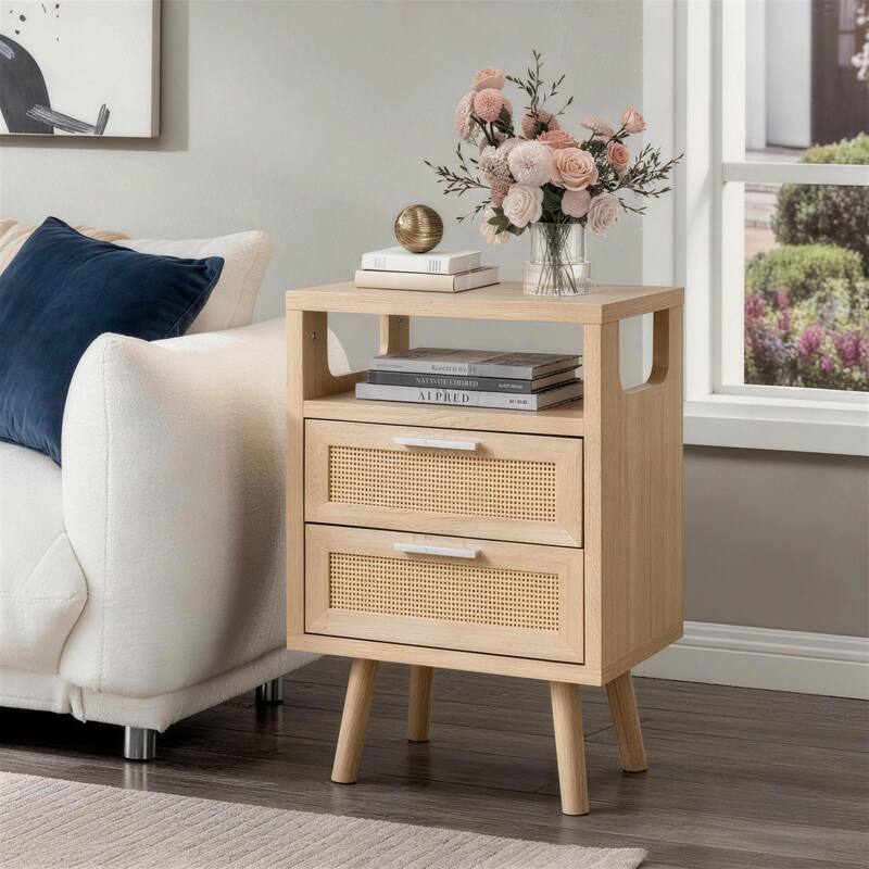 Set of 2 with 2 Drawers, 15.4" Modern Storage Bedside Table with Golden Metal Handles, Wooden End Table for Bedroom