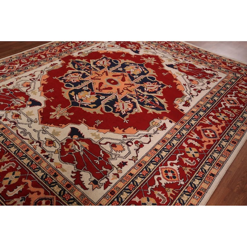 Geometric Red Heriz Oriental Area Rug Hand-Knotted Wool Carpet - 8'0" x 9'8"