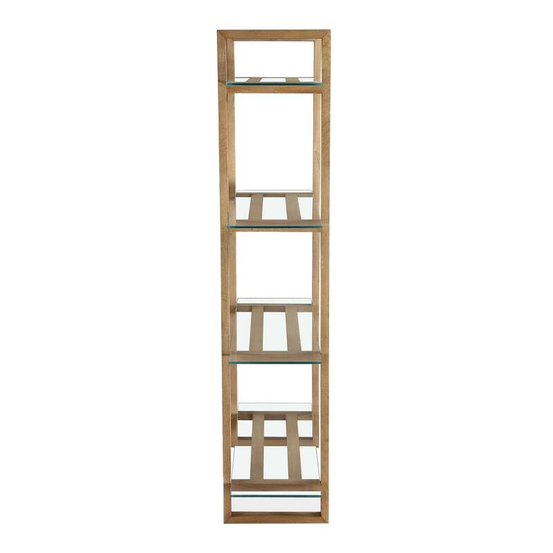 Uvi 76 Inch Bookcase, 4 Floating and Slatted Glass Shelves, Bisque Brown