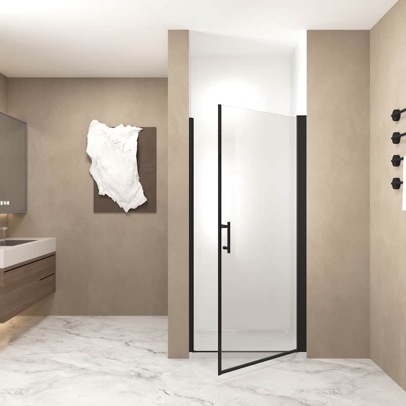 Framed Pivot Shower Door in Matte Black with Stainless Steel Handle