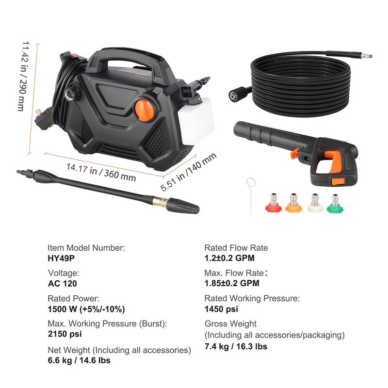 Electric Pressure Washer Portable Cleans Cars/Fences/Patios/Furniture/Floor/Window - 2150 PSI 14.55 pounds