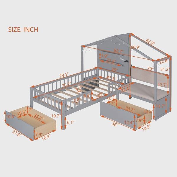 dimension image slide 1 of 2, Twin Size House Bed with Upholstered Sofa