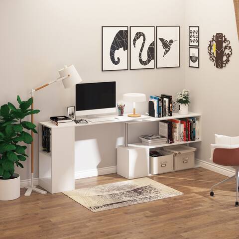 HOMCOM 55" 360° Rotating Corner Computer Desk Modern L-Shaped Home Office Workstation with 3-Tier Storage Shelves, Bookshelf