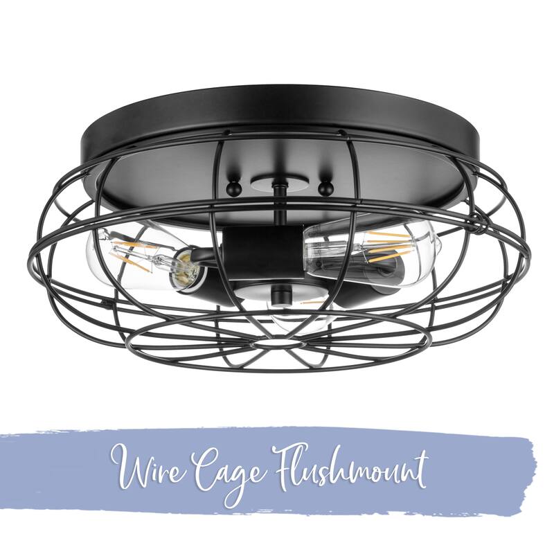 Prominence Home Lincoln Woods Matte Black Industrial Flushmount Light Fixture, Wire Cage Flushmount