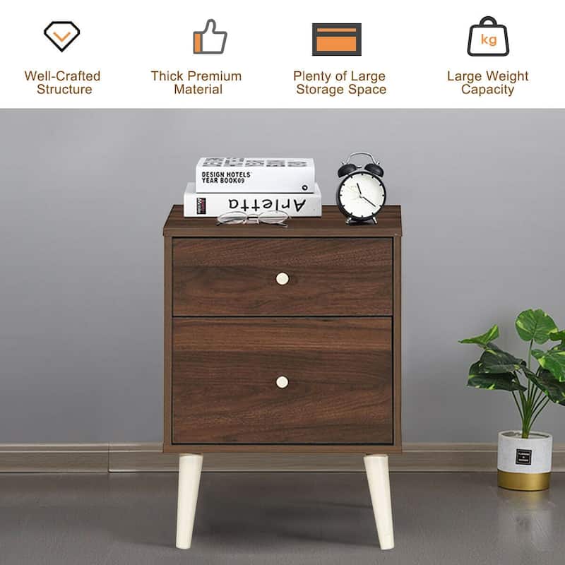 Gymax Nightstand 2-Drawer Beside End Side Table w/Rubber Legs
