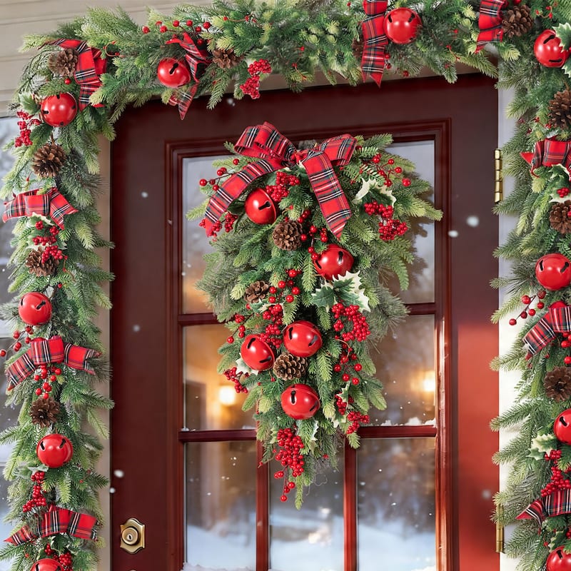 Glitzhome Christmas Berry Bow Pinecone Bell Holy Leaf Teardrop Swag Xmas Wreath