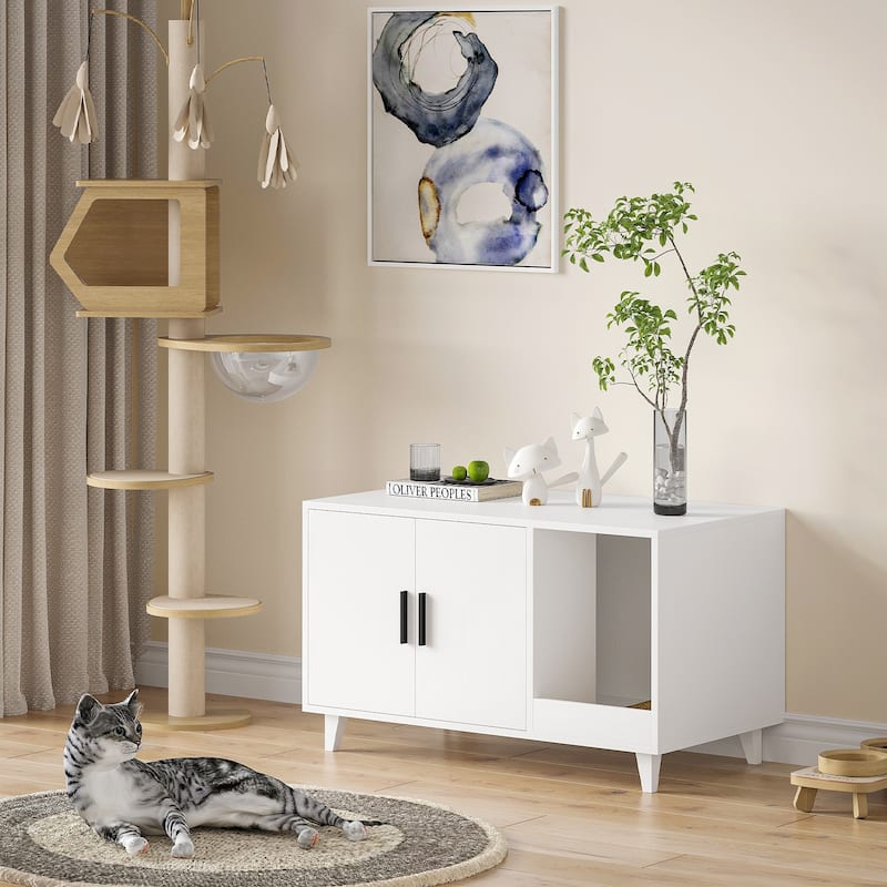 STARY Hidden Cat Litter Box Enclosure Furniture with Scratching Mat