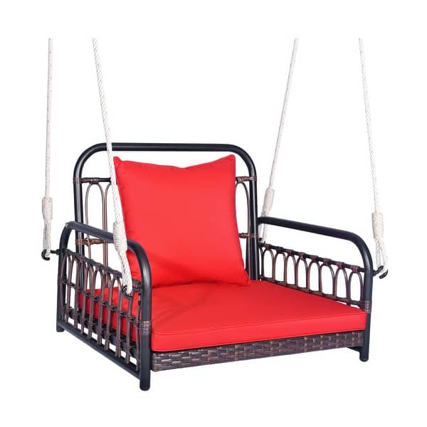 slide 2 of 7, Patio Rattan Porch Swing Hammock Chair with Seat Cushion-Red - 31.5" x 25.5" x 23"