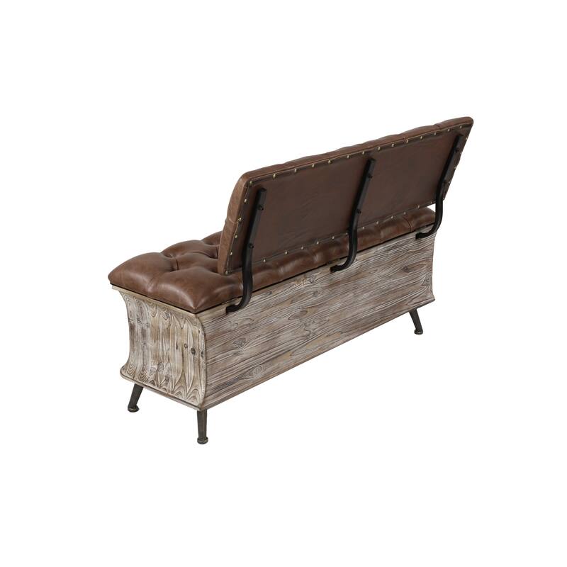 Brown Wood Storage Bench with Tufted Faux Leather Seat and Back