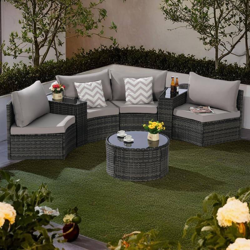 7-Piece Outdoor Patio Half-Moon Sectional Sofa Set with Tempered Glass Coffee Table - Light Gray