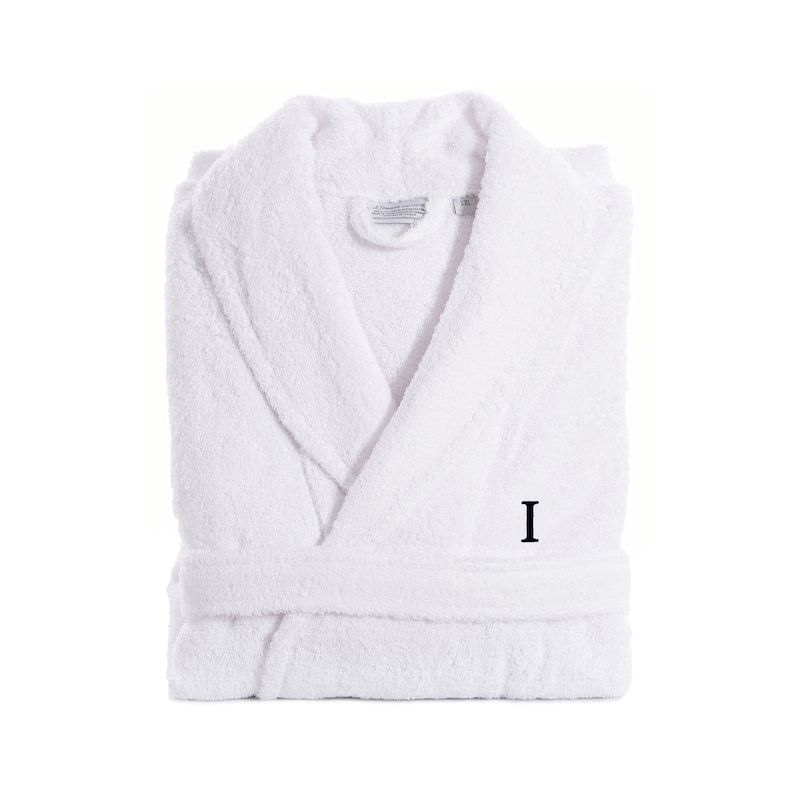 Authentic Hotel and Spa White With Black Monogram Turkish Cotton Unisex Terry Bath Robe - L/XL - I