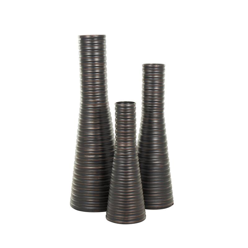 Bronze Metal Ribbed Tall Cone Floor Decorative Vase with Horizontal Grooves (Set of 3)