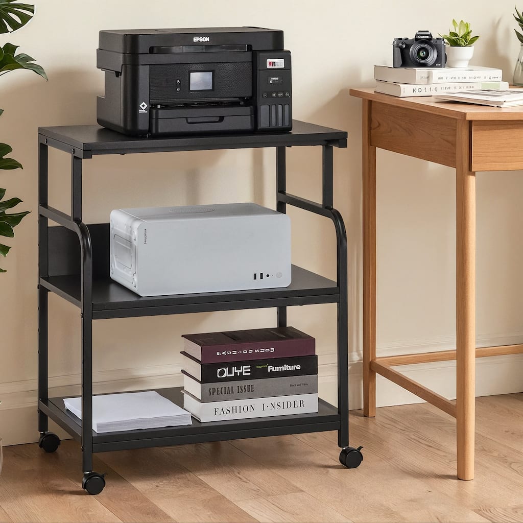 Javlergo Black 3-Tier Rolling Printer Stand with Locking Wheels Charging Station & AC/USB Outlets Mobile Office Storage Cart