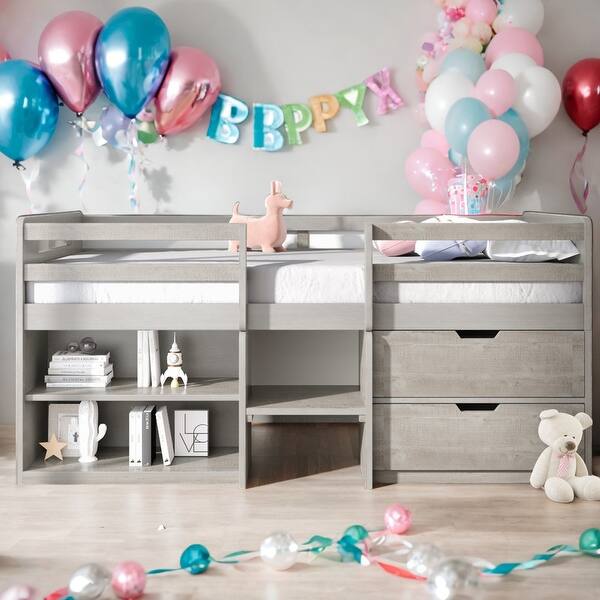 slide 2 of 19, Modern Twin Size Unique Loft Bed With Two Shelves and Two drawers For Bedroom,Kids Antique Grey
