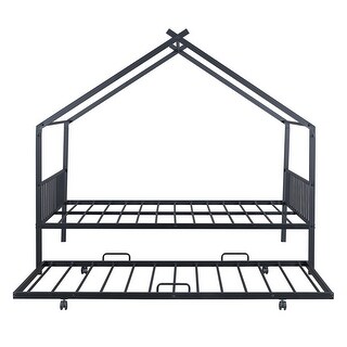 Full Size Metal House Bed with Twin Trundle & Slats, Kids Bed Frame with Headboard and Footboard, for Kids, Girls, Boys, Black