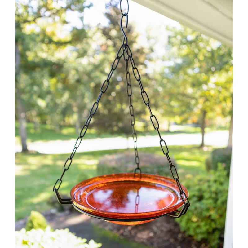 Achla Designs Crackle Glass Hanging Birdbath Bowl, 12.5 Inch Tall, Mandarin