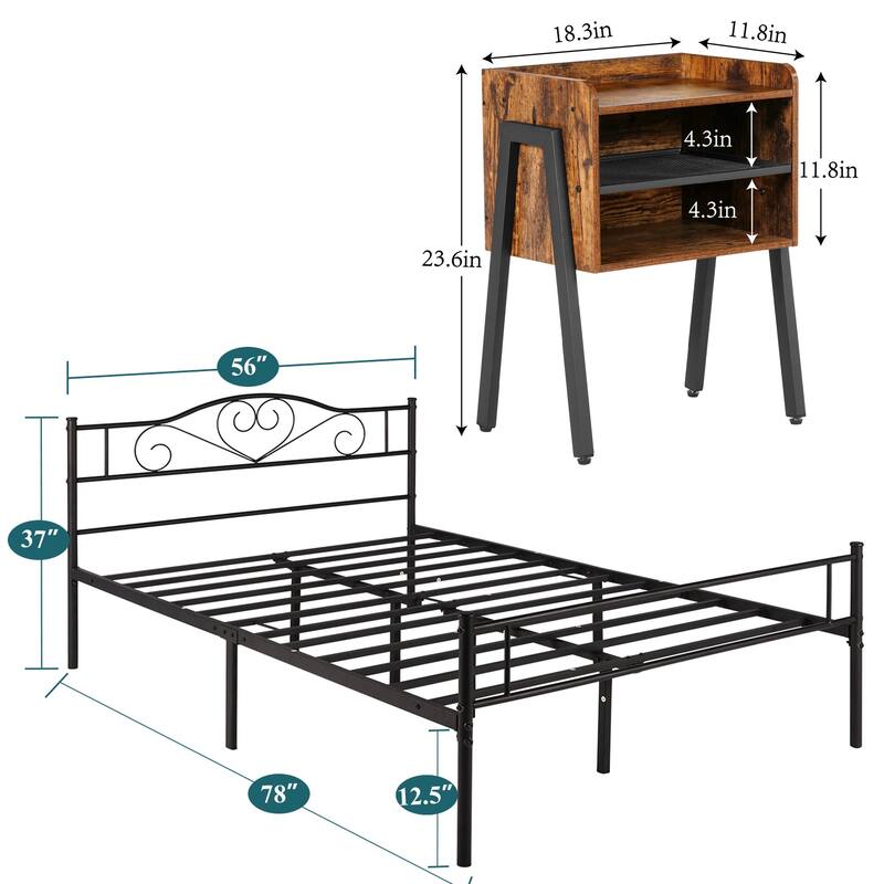 3-Pieces Bedroom Set with Black Platform Bed Frame and Nightstands Set of 2 - Full