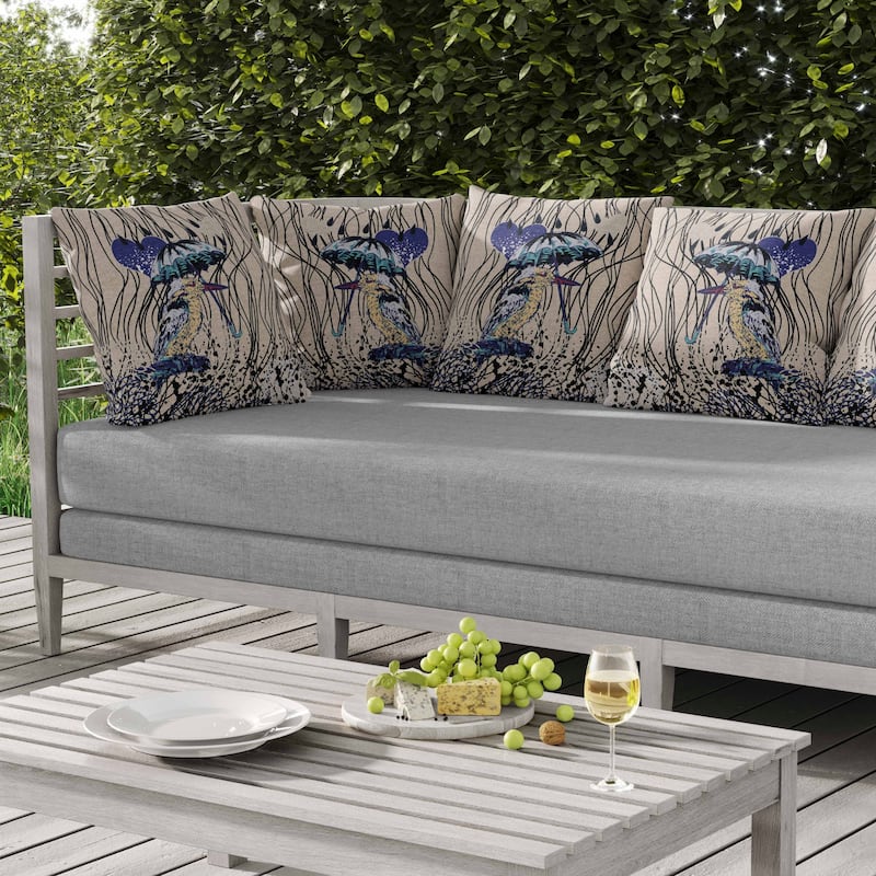 Bird with Umbrella Indoor/Outdoor Reversible Throw Pillow Beige and Blue