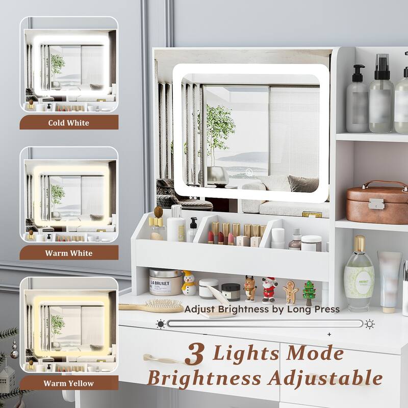 Vanity Desk with LED Mirror & Power Outlet, Makeup Dressing Table
